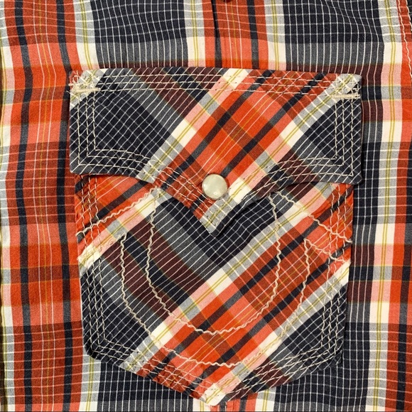 TRUE RELIGION Plaid Pearl Snap Medium Red Blue - Picture 4 of 7